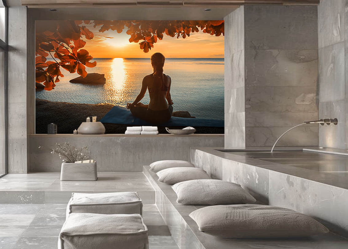 Bildschirmwand, Spa-Atelier, Sonnenuntergang, Meditation, Bodenkissen