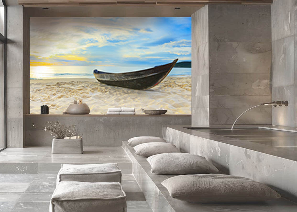  imaging wall mural, beach boat art, sand scene mural, seating cushions, bathroom decor, beach mural, bootbild, meeresboden szene, steinbad, kissen