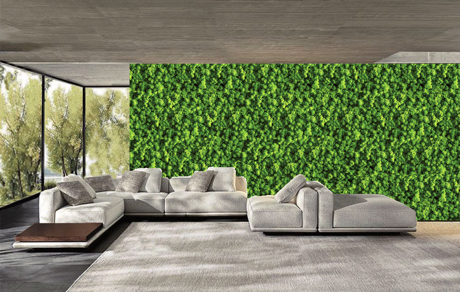 Moderne Wohnlandschaft vor einer grünen Mooswand als natürliche Wandverkleidung für stilvolle Innenräume