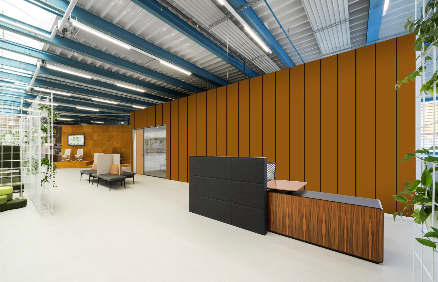 Moderne Büro-Lounge mit braunen Akustik-Wandpaneelen, Empfangstresen, Sitzbereich und Pflanzen für stilvolle Raumgestaltung und Schallschutz