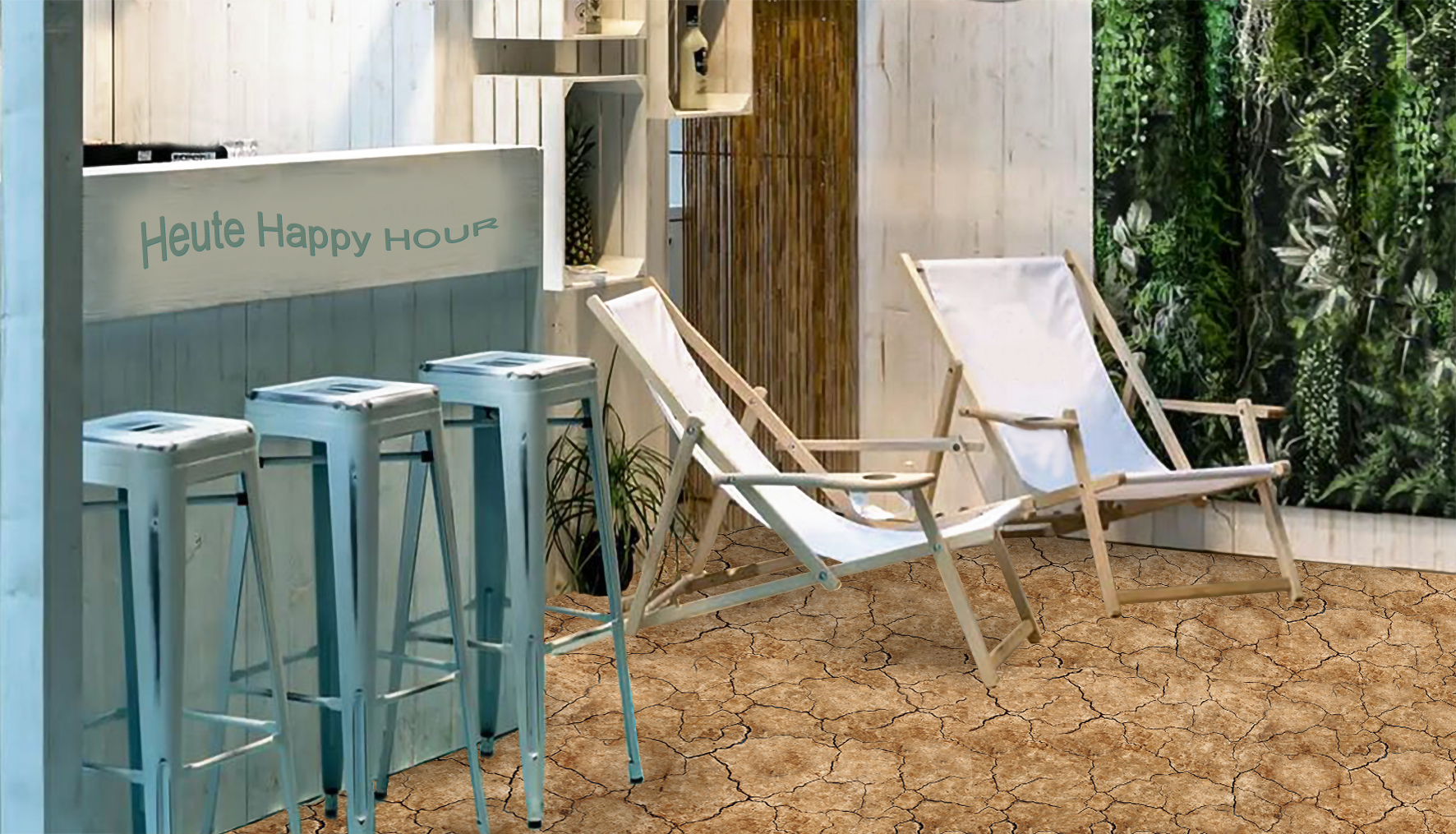 Outdoor-Terrasse mit Barhockern, Liegestühlen und dekorativem Bodenbelag in rissiger Steinoptik für Garten und Lounge-Bereich