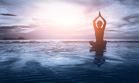 yoga, meditation, silhouette, sunrise, water