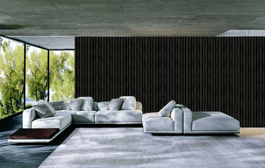 Modernes Wohnzimmer mit hellem modularen Sofa, Chaiselongue und großem Teppich vor dunkler Lamellenwand