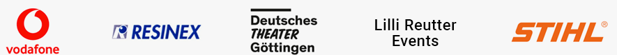 Referenzlogos von Vodafone, RESINEX, Deutsches Theater Göttingen, Lilli Reutter Events und STIHL auf weißem Hintergrund