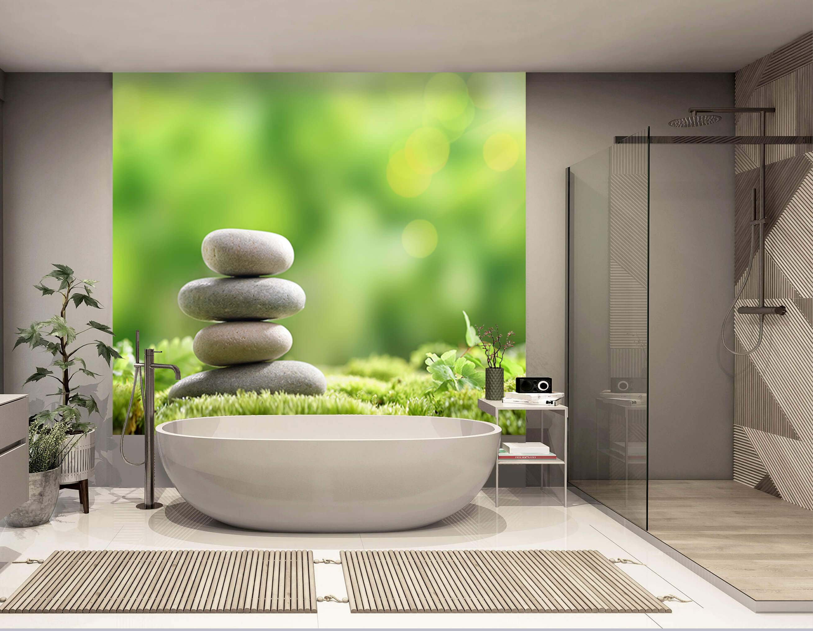 Badewanne, Badezimmer, Wandbild Natur, Steine Stapel, Glasdusche