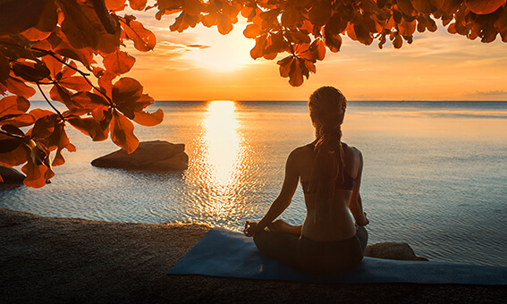 Yoga, Matte, Strand, Sonnenuntergang, Rückenansicht