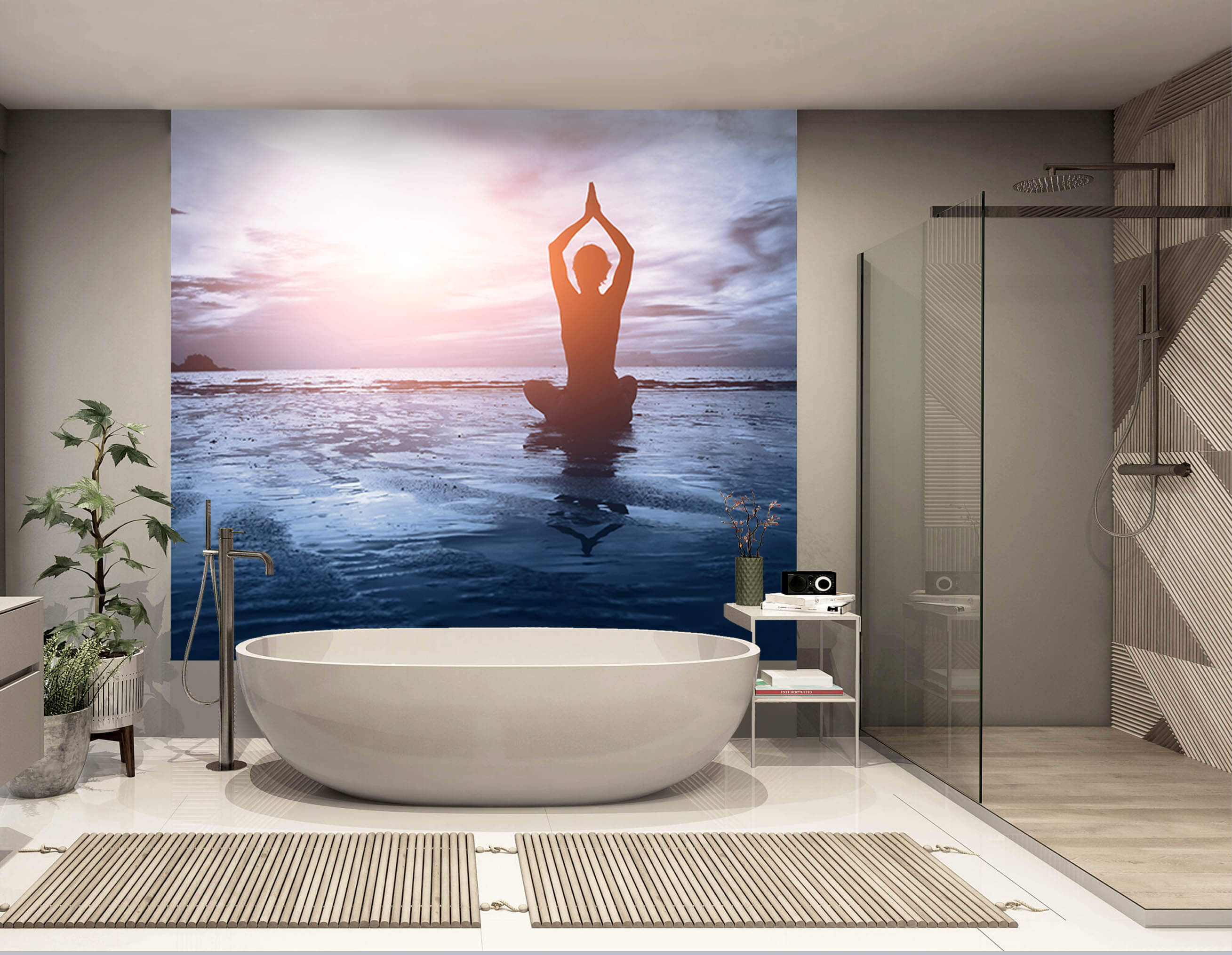 Badezimmer, Wandbild, Badewanne, Dusche, Yoga-Silhouette